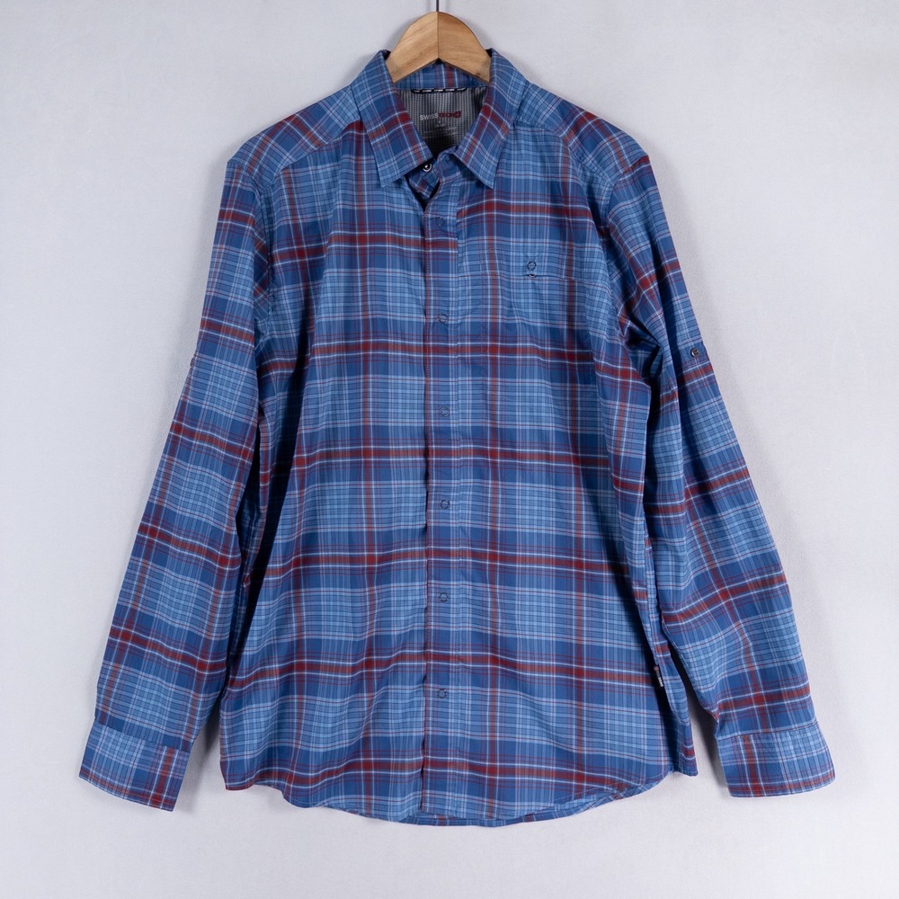 Swiss Tech Shirt Mens Medium Blue Red Plaid Snap Front Stretch Hiking Casual